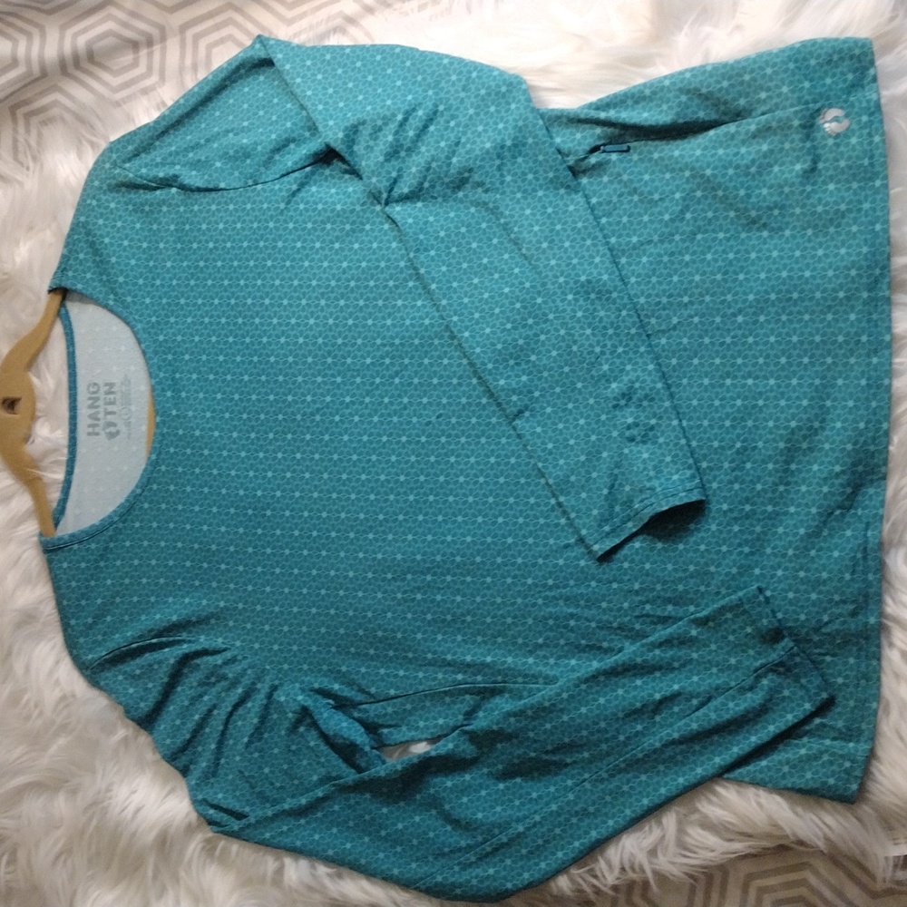 Hang ten pullover long sleeve stretch tee top W/front zip pkt teal sz L